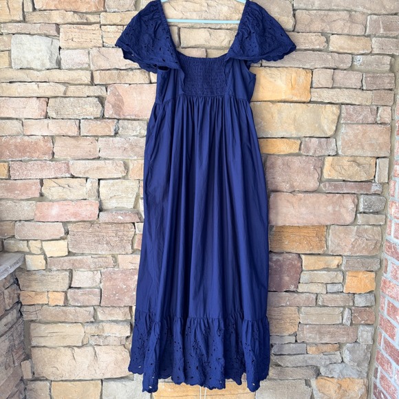 Crown & Ivy XL Navy Eyelet Cotton Flutter Smocked Back Maxi Dress Cottage Preppy - Picture 2 of 13